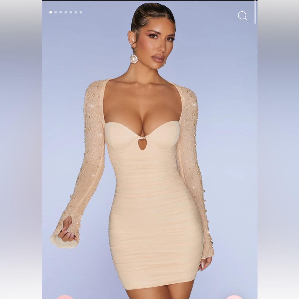 Viral Oh Polly St Germain Long Sleeve Embellished Mini Dress Sand Sz10 Ruched